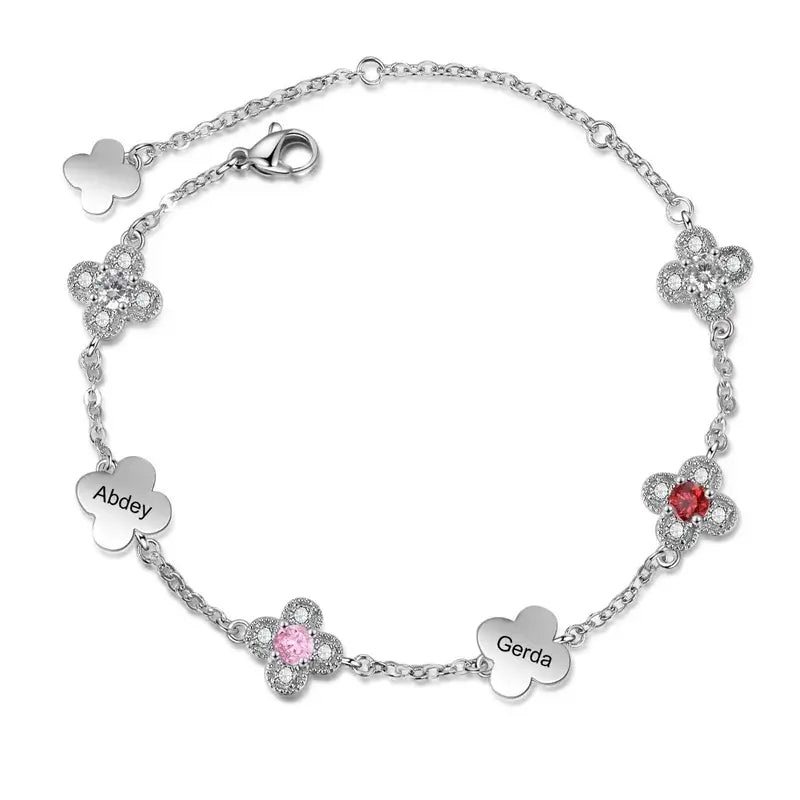 Engraved Four-Leaf Clover Custom Birthstone Bracelet with Name