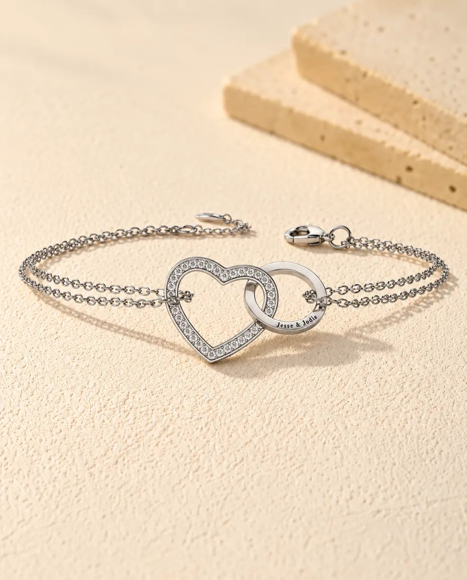 Personalized Interlocking Heart Bracelet - front view in silver