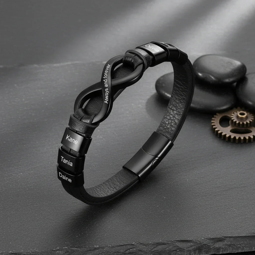 Engraved Leather Bracelet for Men with Personalized 2-6 Names