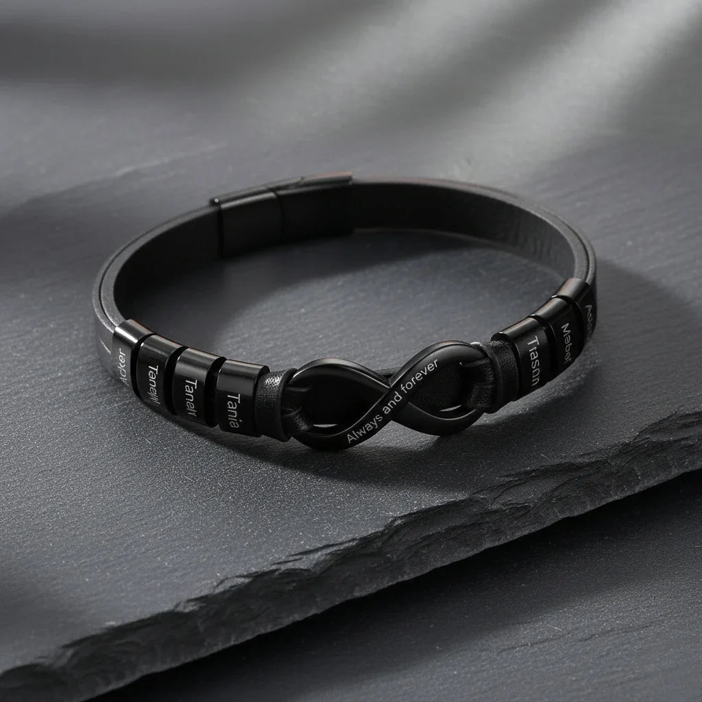 Engraved Leather Bracelet for Men with Personalized 2-6 Names