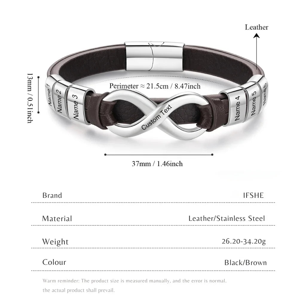Engraved Leather Bracelet for Men with Personalized 2-6 Names