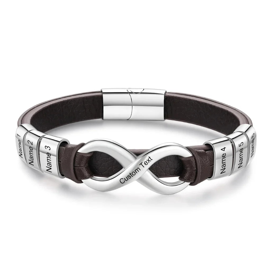 Engraved Leather Bracelet for Men with Personalized 2-6 Names