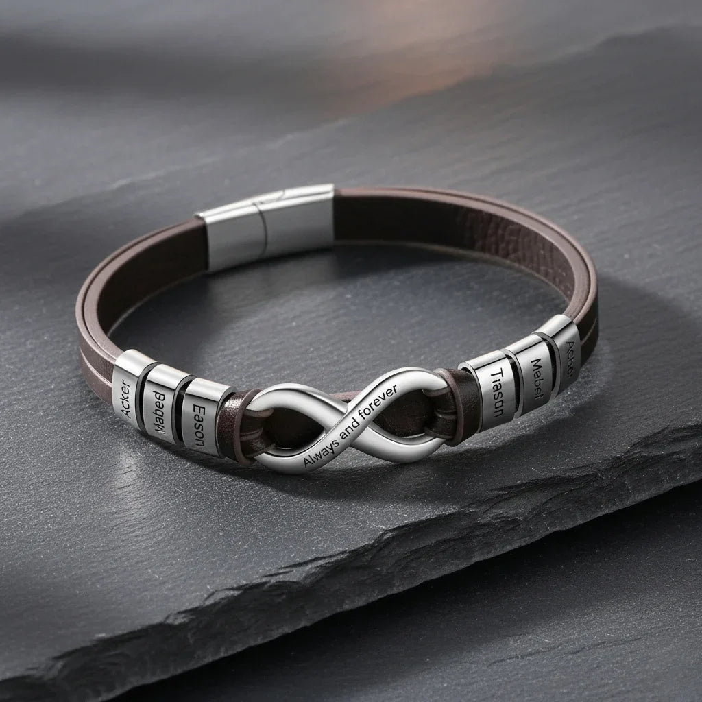 Engraved Leather Bracelet for Men with Personalized 2-6 Names