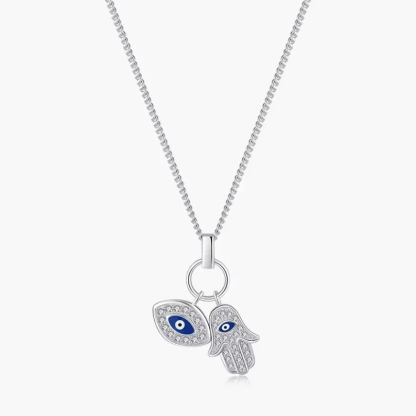 Evil Eye and Hamsa Hand Necklace Sterling Silver - Evil Eye and Hamsa Hand Choker Necklace