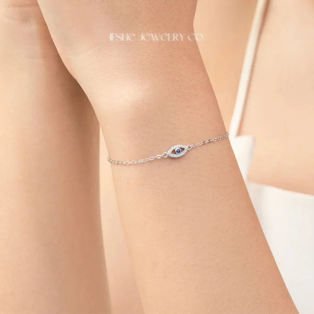 Sterling Silver Evil Eye Bracelet - Turkish Eye Bracelet - Evil Eye Charm Bracelet