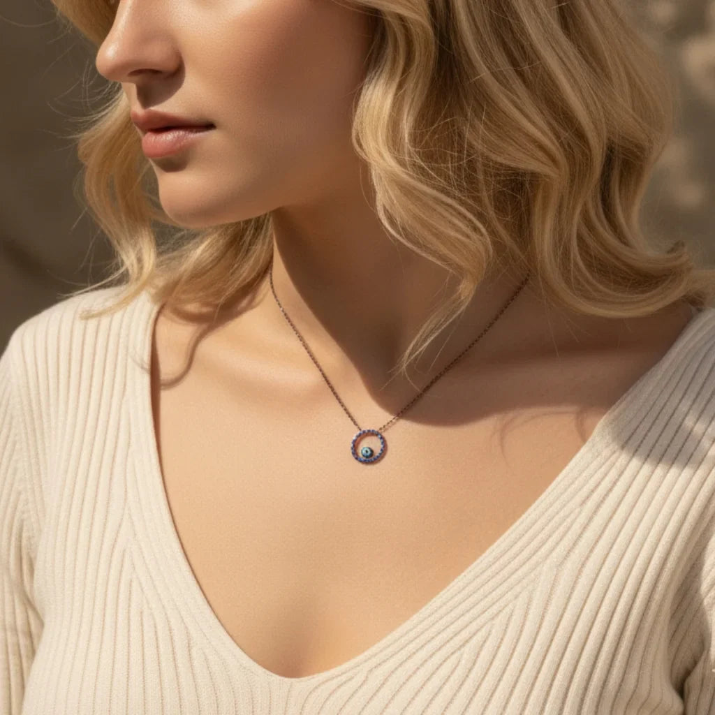 Cute Enamel Evil Eye Necklace with Lapis Lazuli - 925 Sterling Silver Pendant for Women