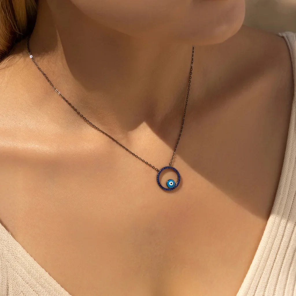 Cute Enamel Evil Eye Necklace with Lapis Lazuli - 925 Sterling Silver Pendant for Women