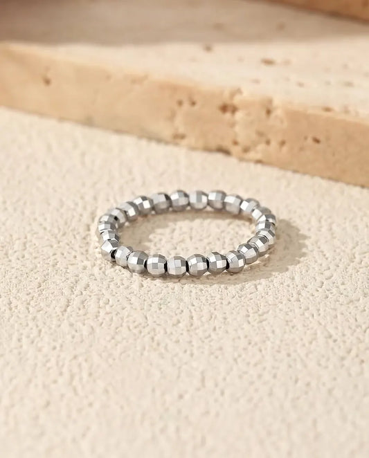 Faceted bead adjustable stacking ring in 925 sterling silver