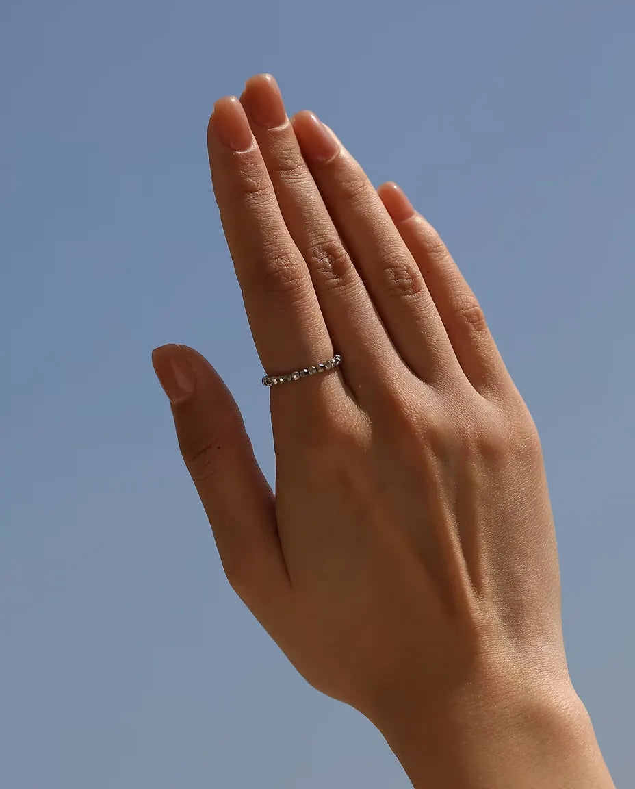 Faceted bead adjustable stacking ring in 925 sterling silver
