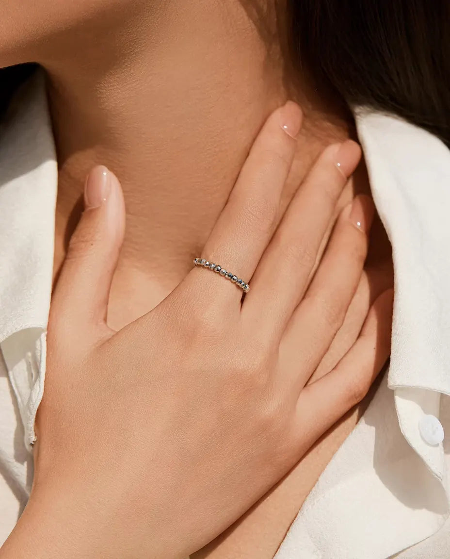 Faceted bead adjustable stacking ring in 925 sterling silver