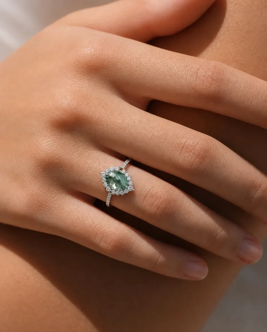 Faceted moss agate CZ halo ring in sterling silver with graduated halo and pave band