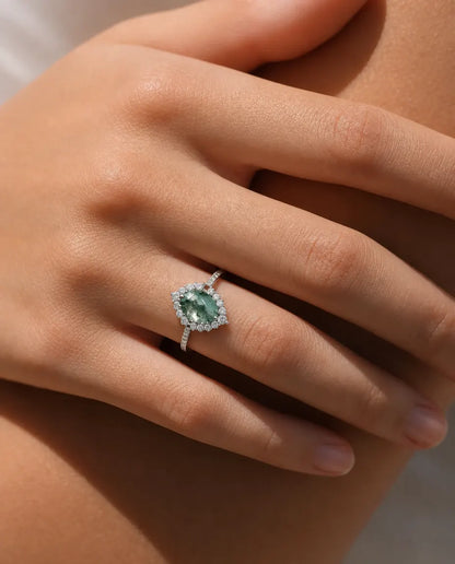 Faceted moss agate CZ halo ring in sterling silver with graduated halo and pave band