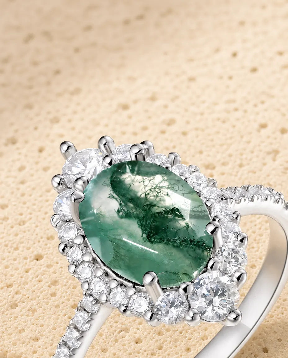 Faceted moss agate CZ halo ring in sterling silver with graduated halo and pave band
