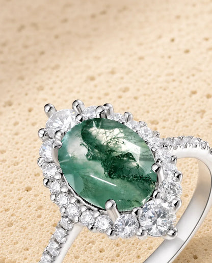 Faceted moss agate CZ halo ring in sterling silver with graduated halo and pave band