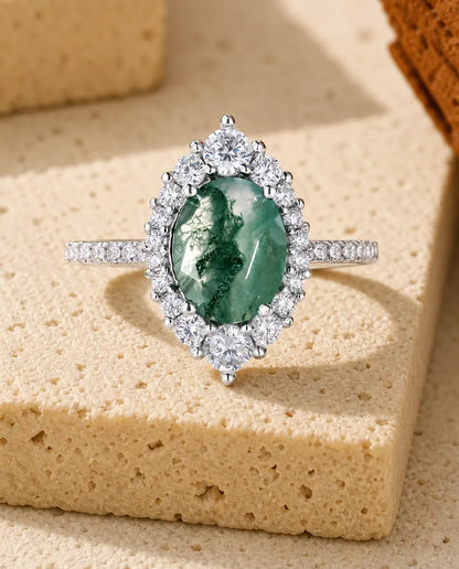 Faceted moss agate CZ halo ring in sterling silver with graduated halo and pave band