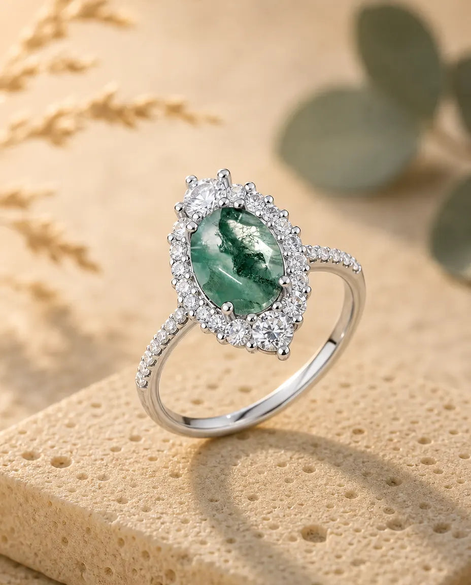 Faceted moss agate CZ halo ring in sterling silver with graduated halo and pave band