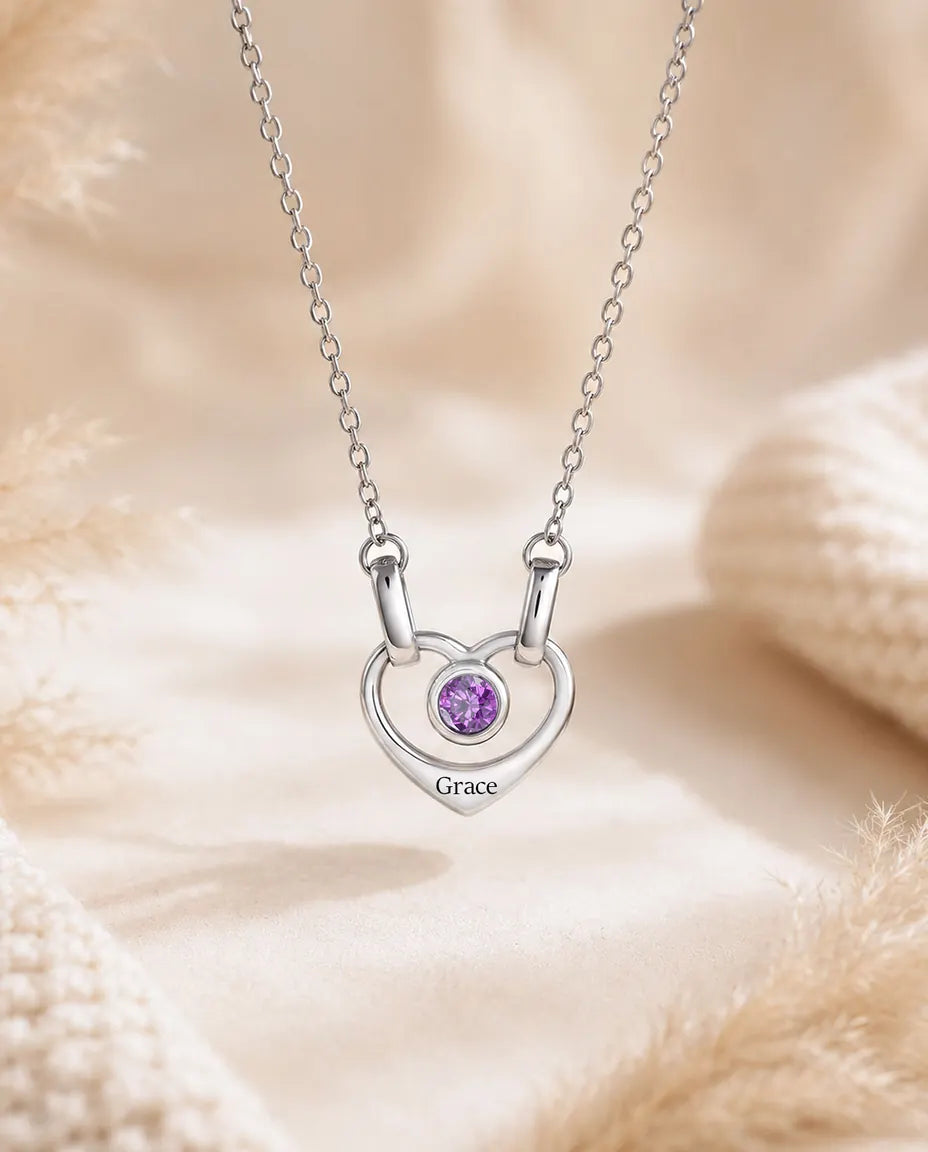 Single heart version of the personalized birthstone name necklace