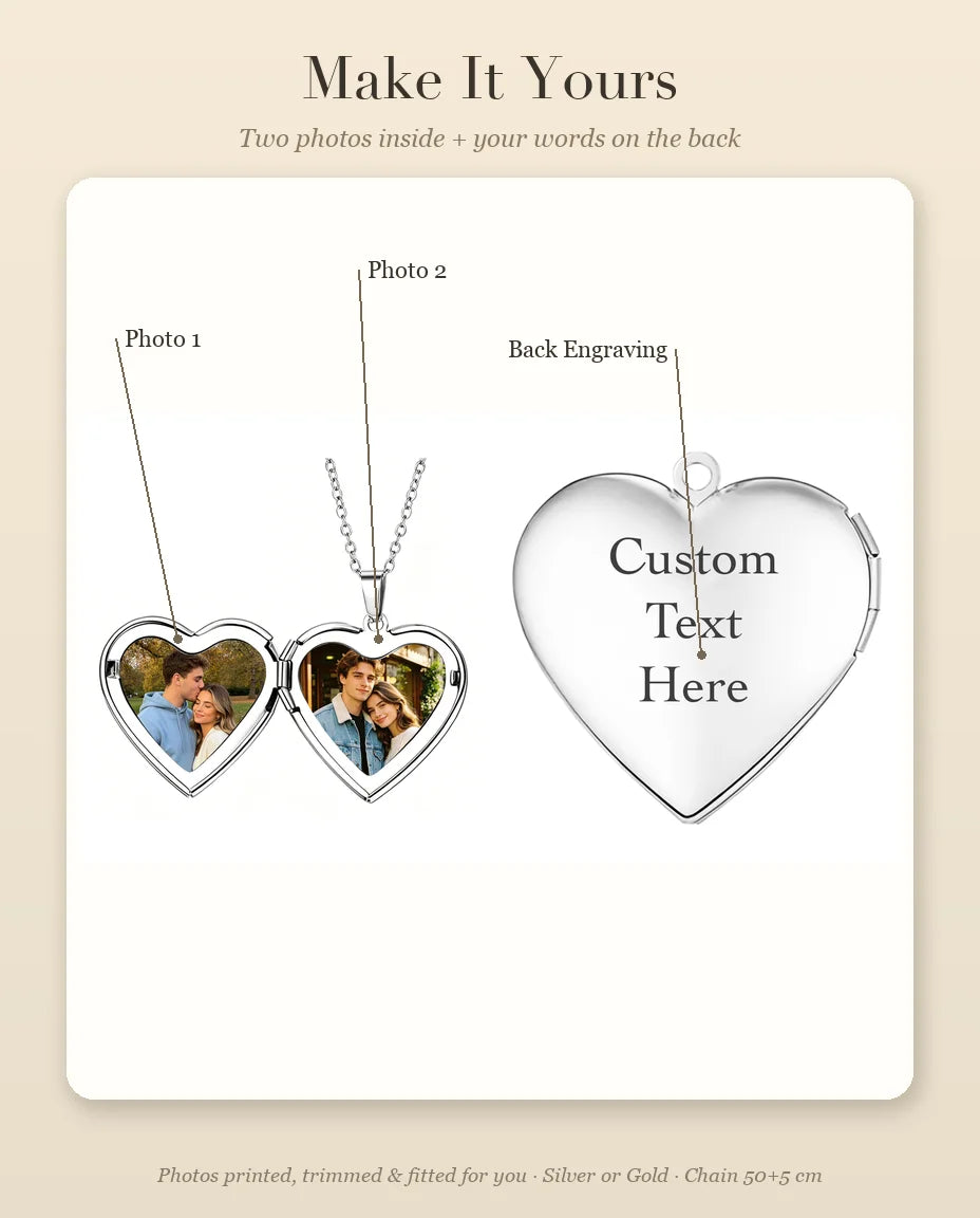 Personalization guide showing Photo 1, Photo 2 and Back Engraving placement on heart locket