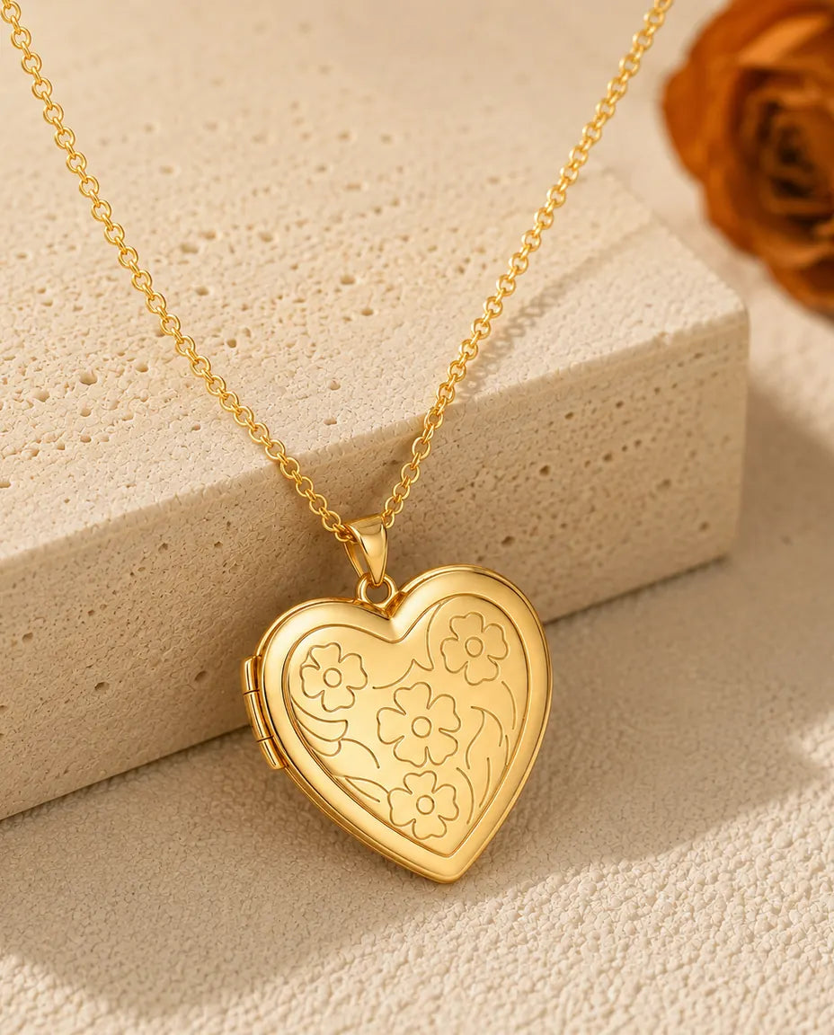 Floral carved heart photo locket necklace in gold tone