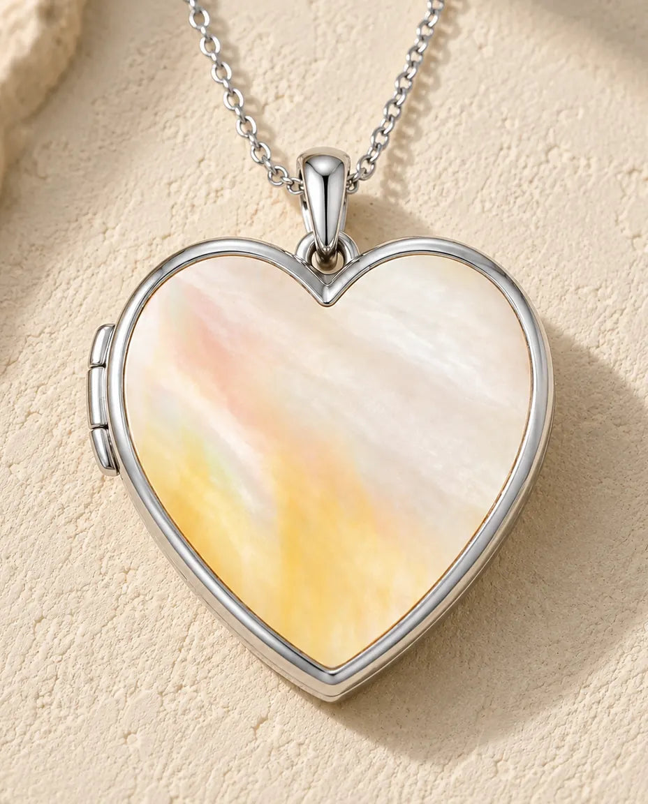 Mother of pearl back panel of the heart photo locket necklace