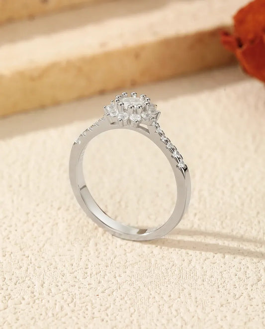 Flower halo moissanite engagement ring in 925 sterling silver with sunburst halo