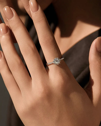 Flower halo moissanite engagement ring in 925 sterling silver with sunburst halo