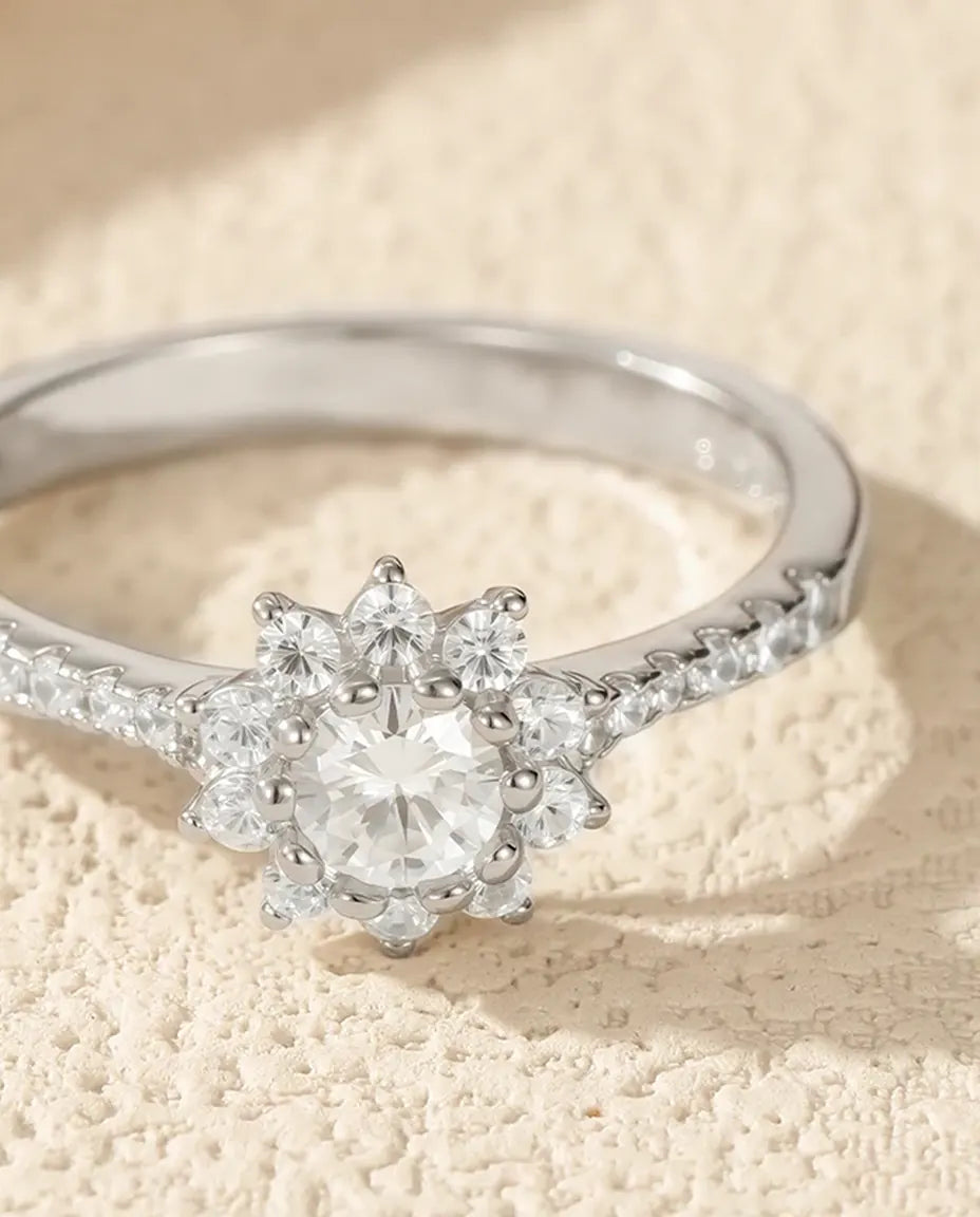 Flower halo moissanite engagement ring in 925 sterling silver with sunburst halo