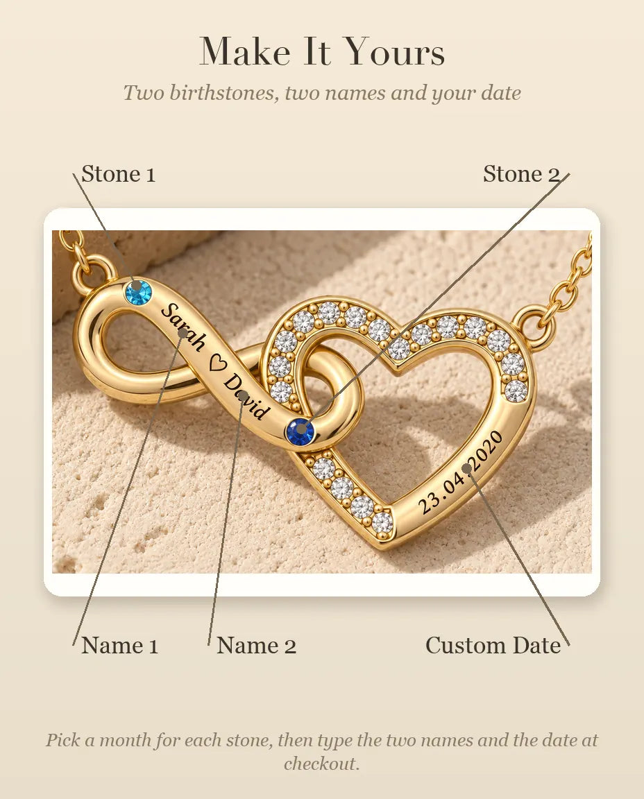 How to personalize the necklace with two birthstones, two names and a date