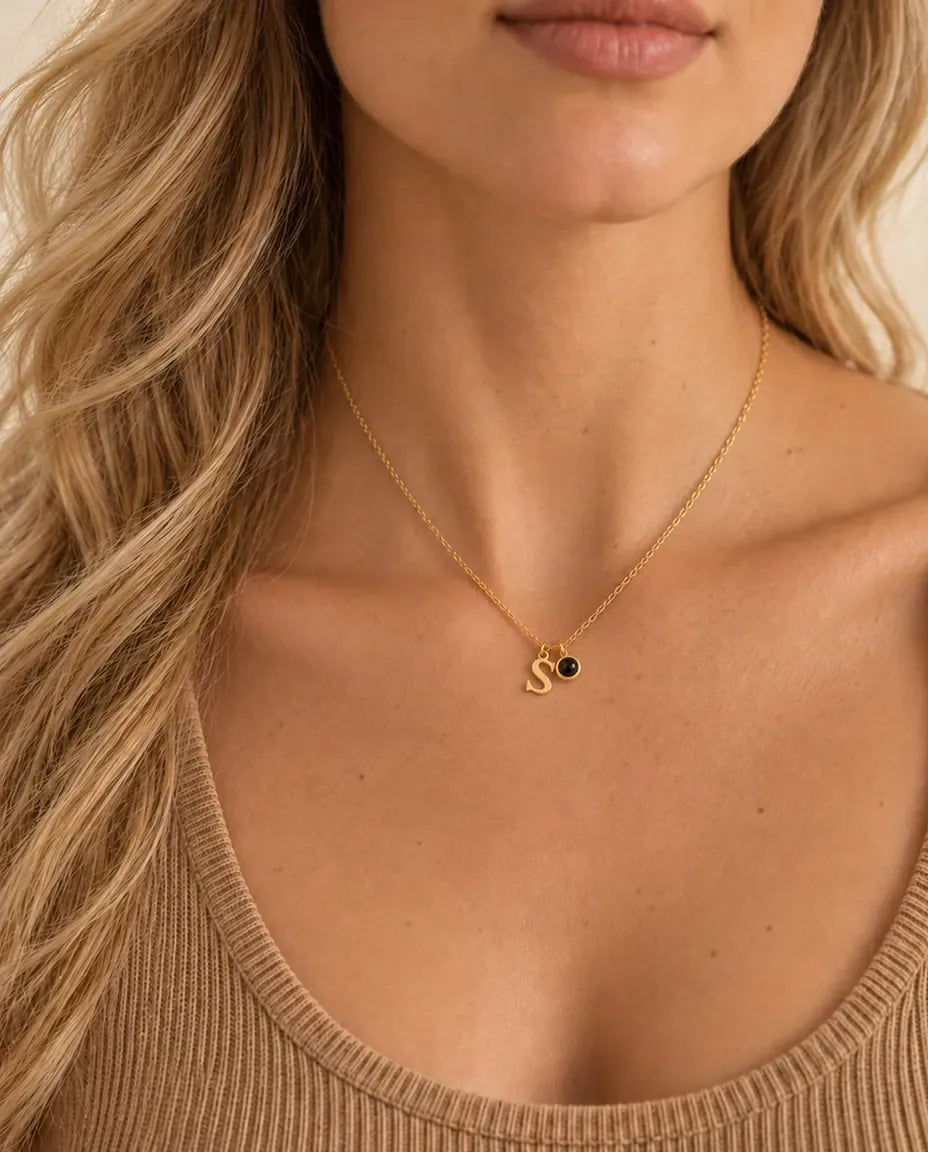 Personalized Initial Photo Projection Necklace in Gold - worn on a model