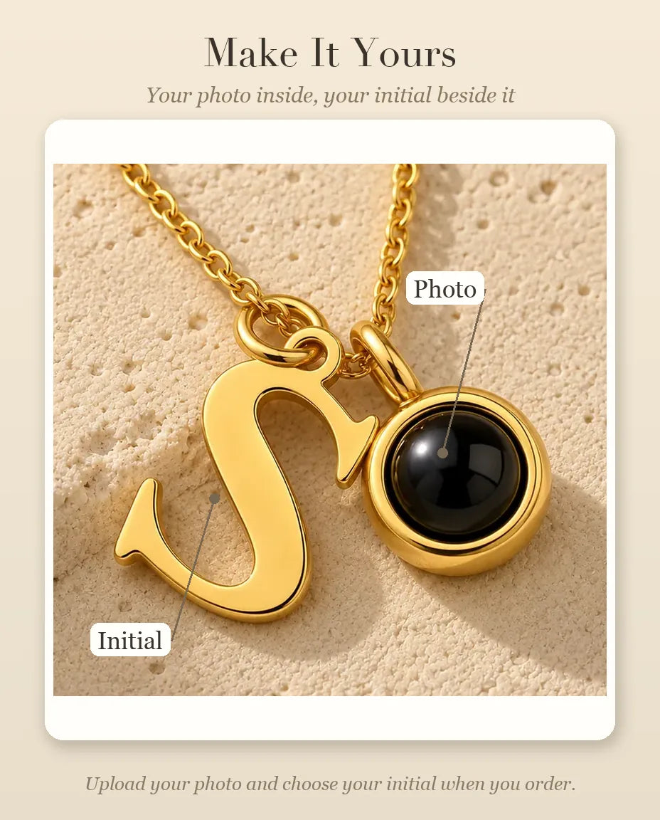 Personalized Initial Photo Projection Necklace in Gold - personalization guide: photo upload and initial
