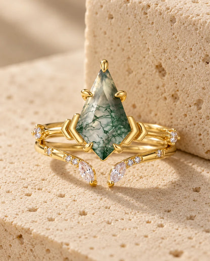 Kite-Cut Moss Agate Ring Set - the complete set