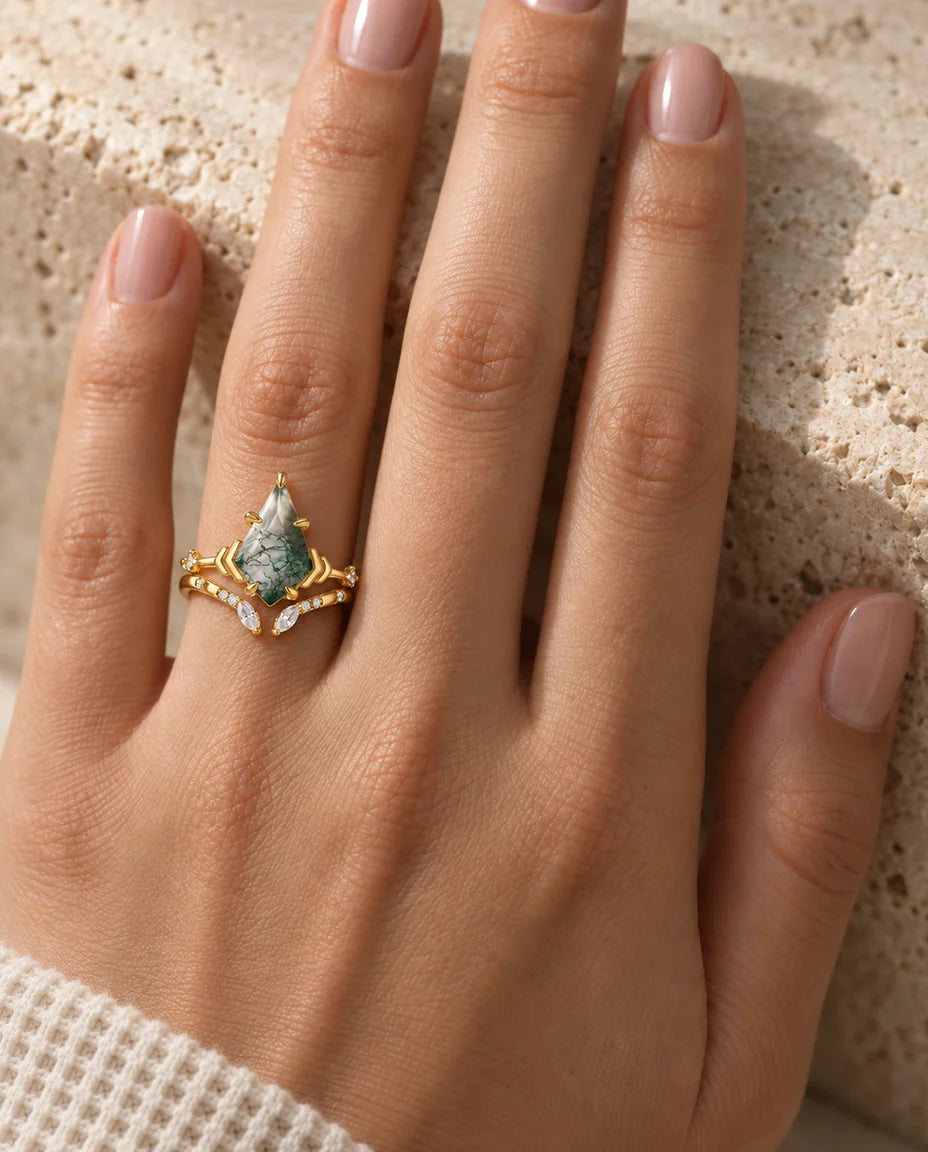 Kite-Cut Moss Agate Ring Set - worn on the hand