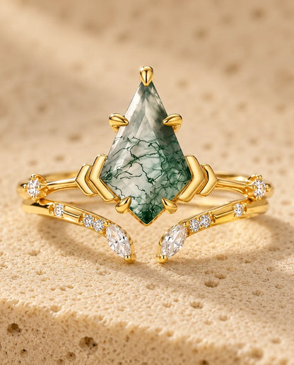 Kite-Cut Moss Agate Ring Set - close-up of the ring set