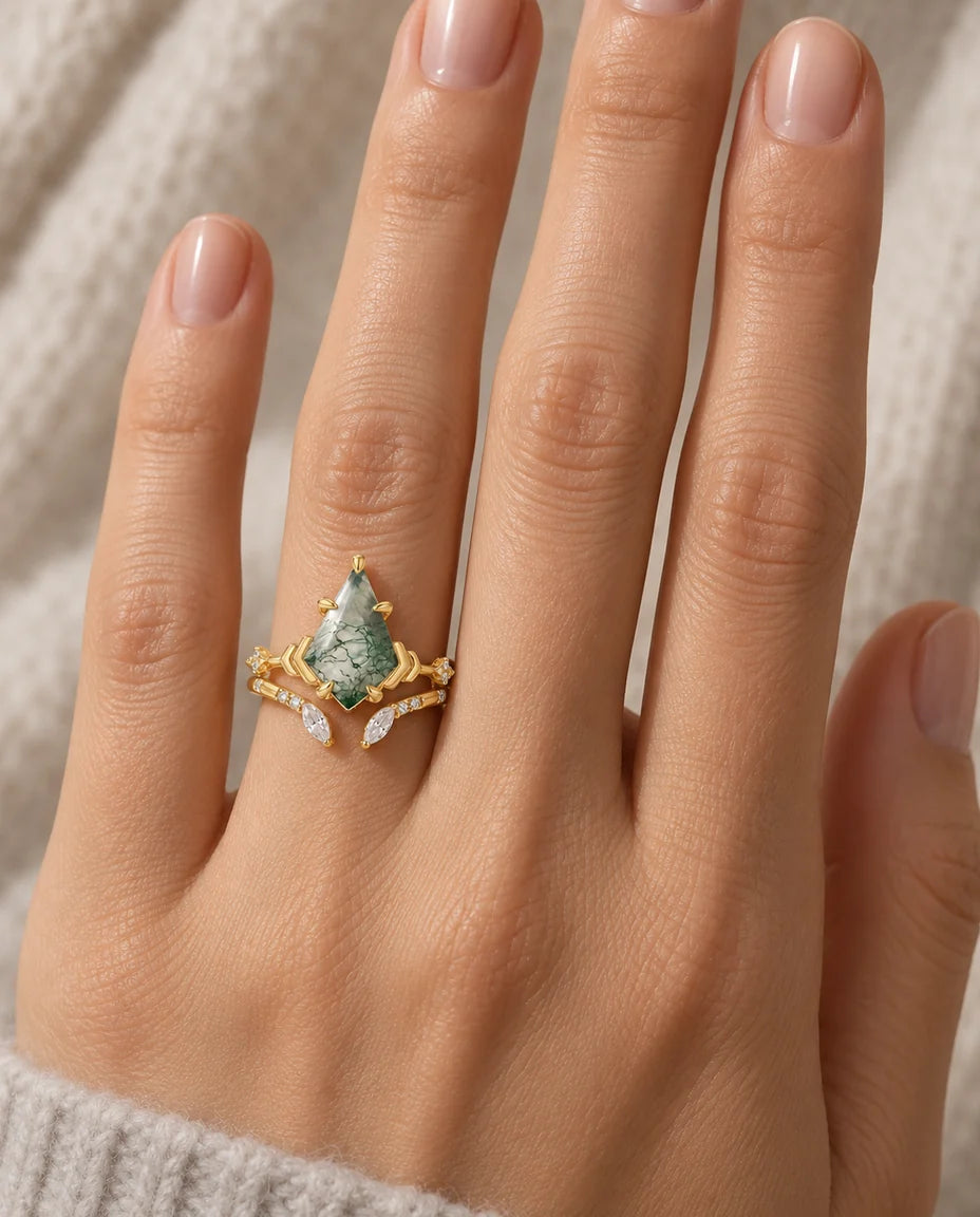 Kite-Cut Moss Agate Ring Set - worn on the hand, close-up