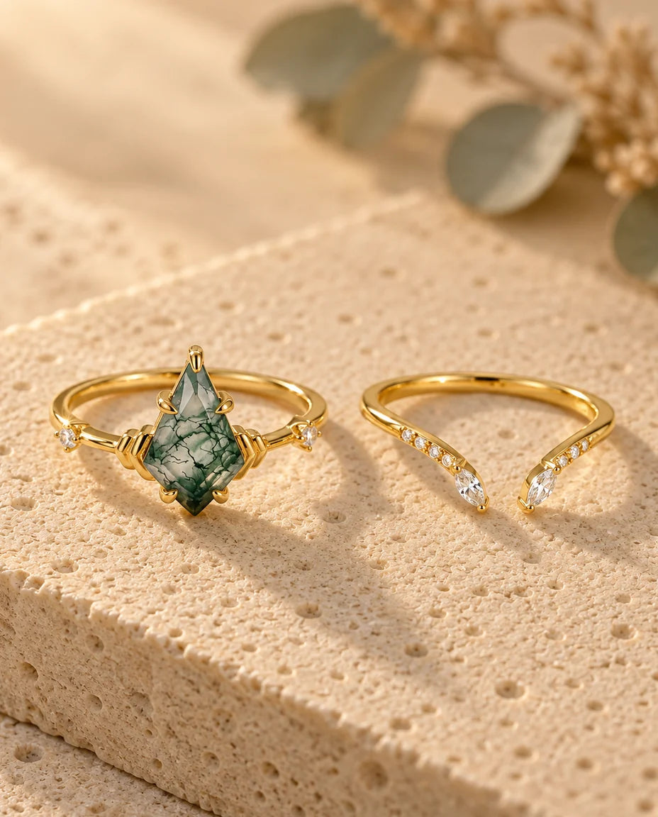 Kite-Cut Moss Agate Ring Set - the two rings of the set side by side