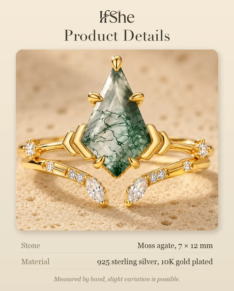 Kite-Cut Moss Agate Ring Set - size and material details