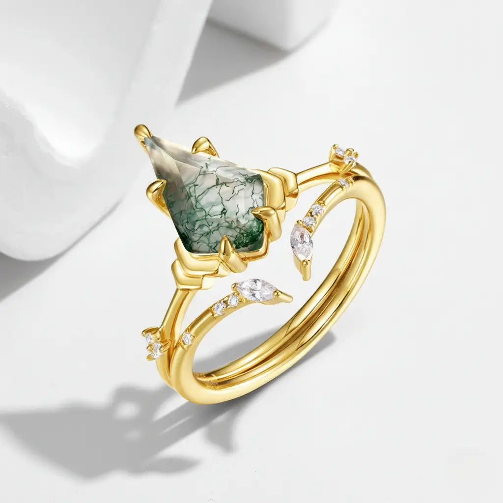 Gold Moss Agate Engagement Ring Set - Unique Kite Cut 925 Sterling Silver with 10k Gold Plated