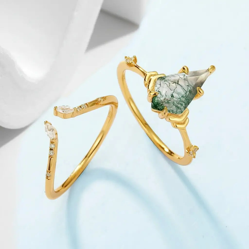 Gold Moss Agate Engagement Ring Set - Unique Kite Cut 925 Sterling Silver with 10k Gold Plated