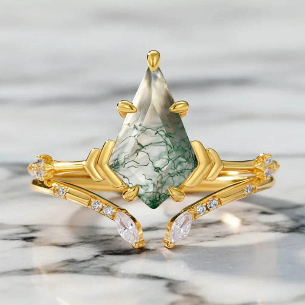 Gold Moss Agate Engagement Ring Set - Unique Kite Cut 925 Sterling Silver with 10k Gold Plated