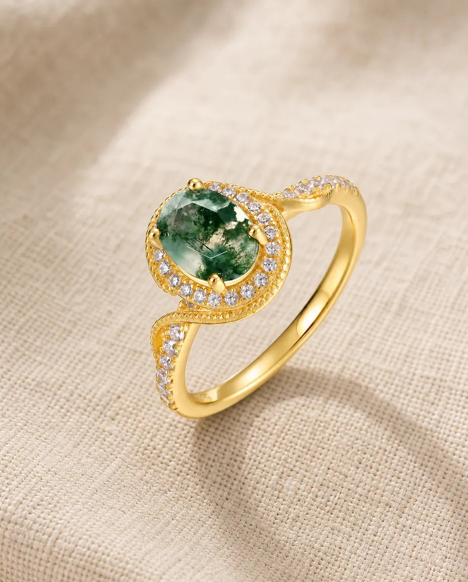 Gold moss agate halo ring with milgrain detail in 10K gold plated sterling silver
