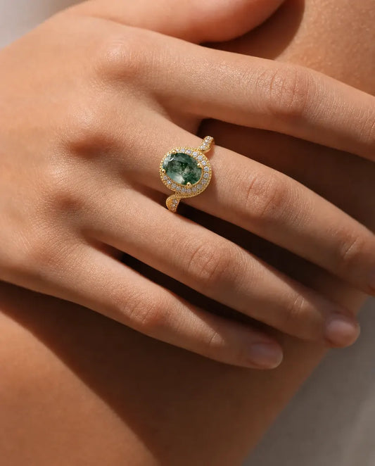 Gold moss agate oval halo ring in 10K gold-plated sterling silver with milgrain frame and twisted pave shoulder