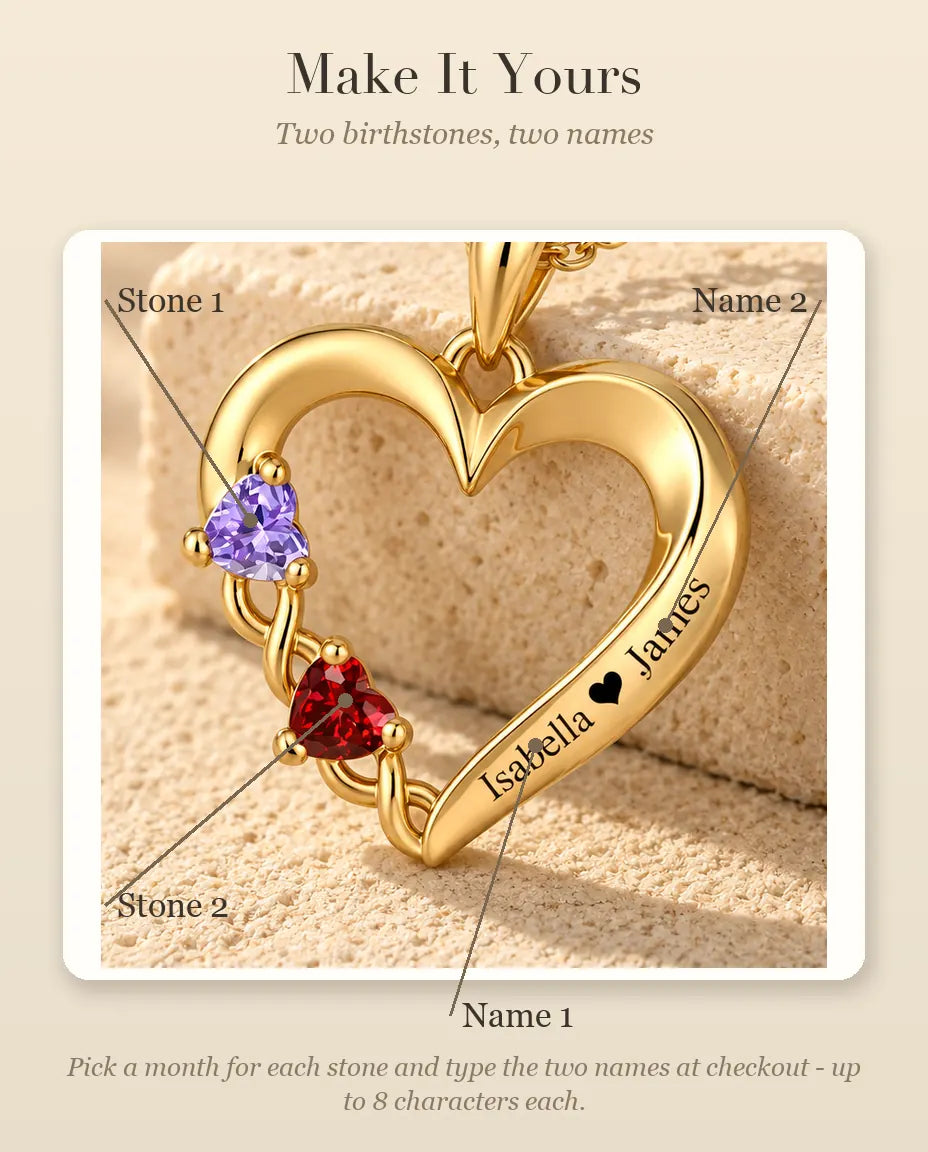 How to personalize the necklace with two birthstones and two names