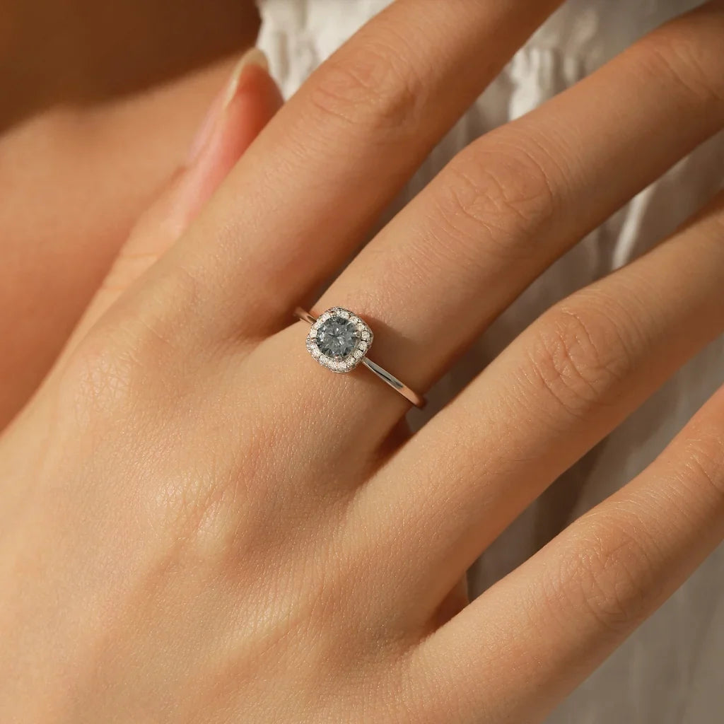 Gray Moissanite Engagement Ring – Square Halo Ring For Women Wedding Fine Jewelry Gift