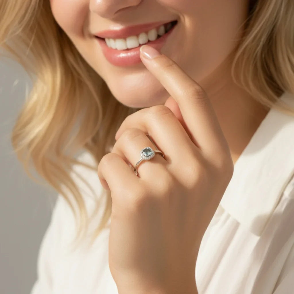 Gray Moissanite Engagement Ring – Square Halo Ring For Women Wedding Fine Jewelry Gift