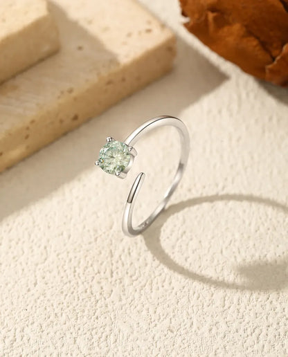 0.5ct round green moissanite adjustable open band solitaire ring in 925 sterling silver