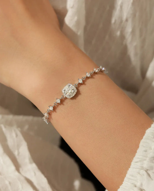 Halo moissanite bracelet, 0.8ct D color cushion stone, 925 sterling silver