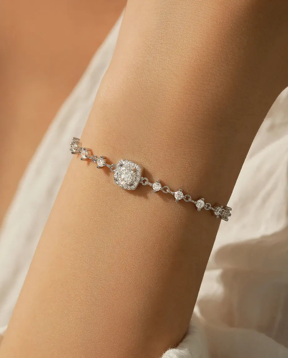 Halo moissanite bracelet, 0.8ct D color cushion stone, 925 sterling silver