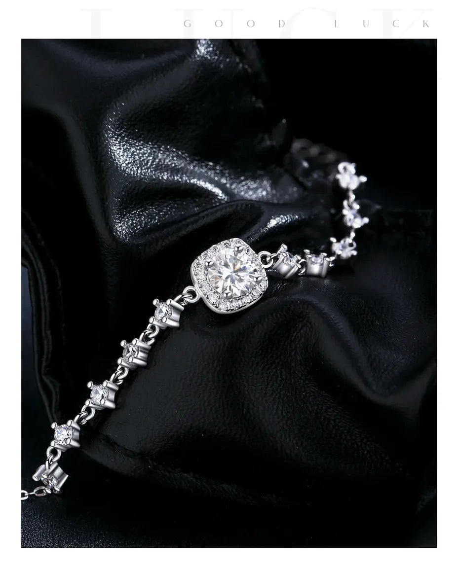 Halo moissanite bracelet, 0.8ct D color cushion stone, 925 sterling silver