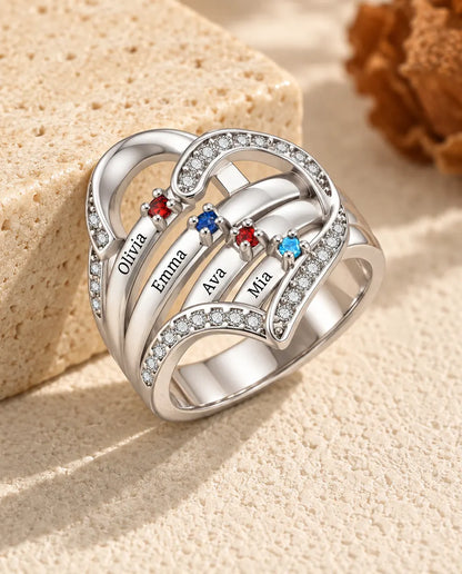 heart birthstone ring with 4 engraved names and 4 birthstones on four polished ribbons