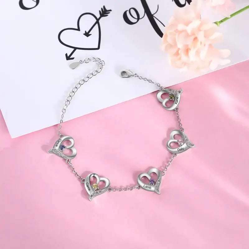 Heart Charm Custom Birthstone Bracelet with Engraved Name